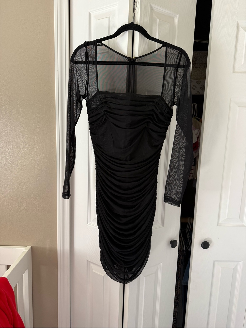 Babaton Aritza Black Ruched Mesh Long Sleeve Dress